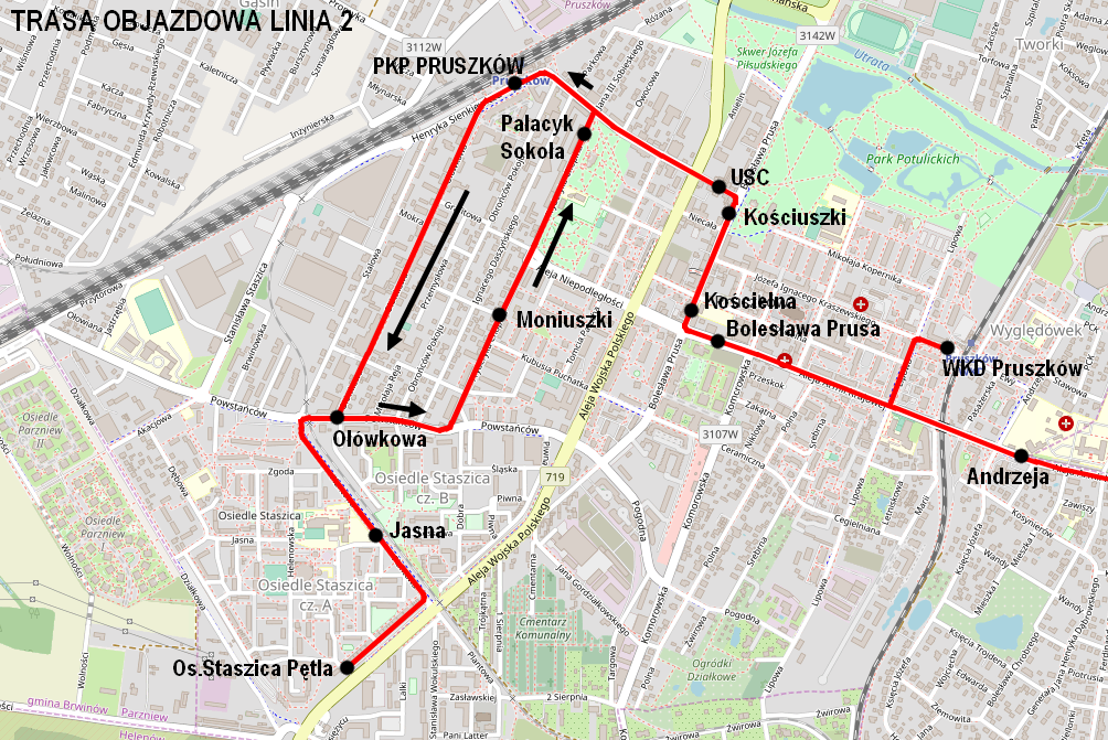 Linia 2 mapa objazdu 