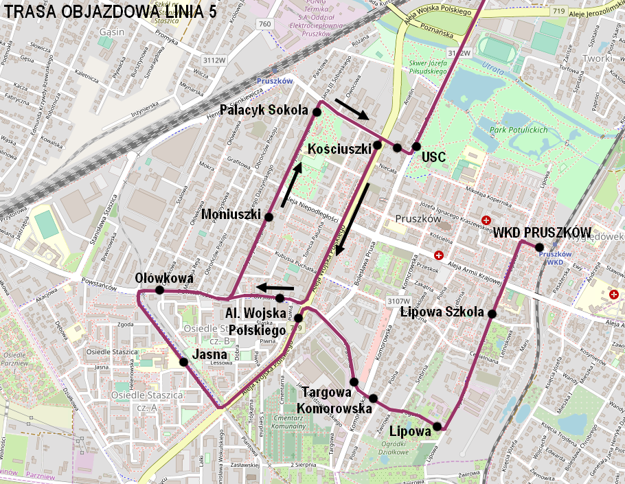 Linia 5 mapa objazdu 