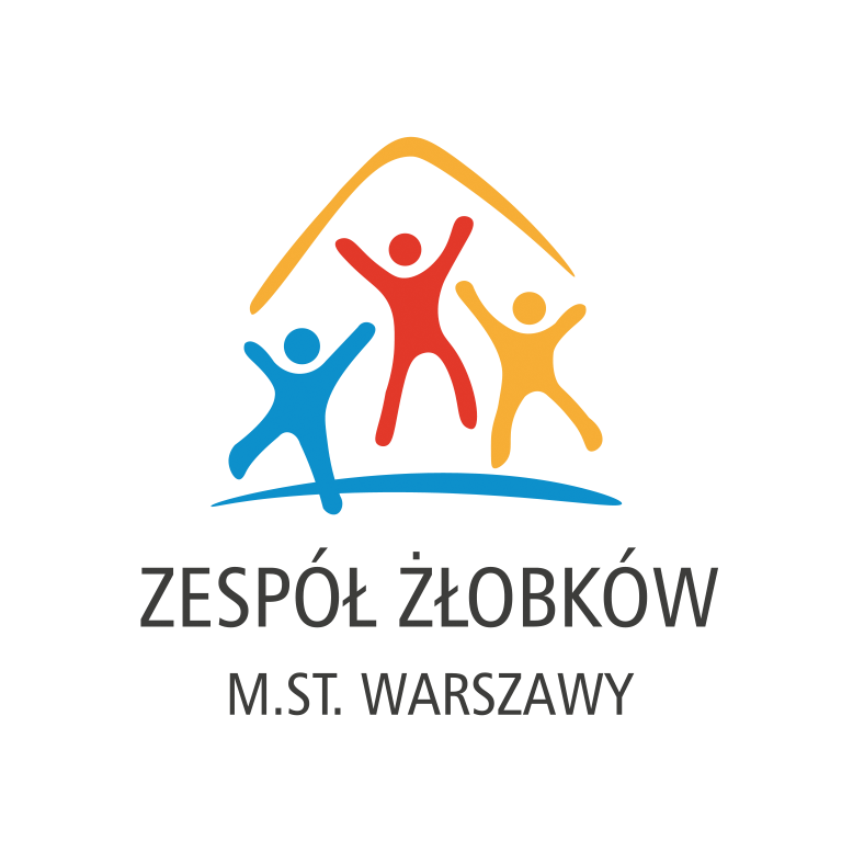 Logo, trzy kolorowe podskakujące postaci z podniesionymi rękoma. Poniżej napis Zespół Żłobków m.st. Warszawy.