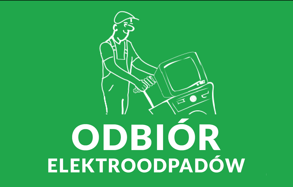 Na zielonym tle postać rysunkowa mężczyzny w czapce pchającego (prawdopodobnie na wózku) telewizor postawiony na pralce